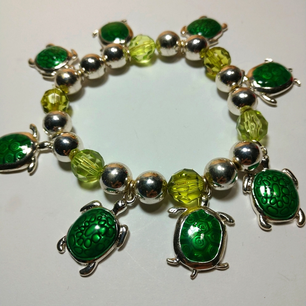 🆕🐢Turtle 🐢 Charm Bracelet Sterling Silver Beads on Heavy Stretch Cord New - Picture 3 of 10